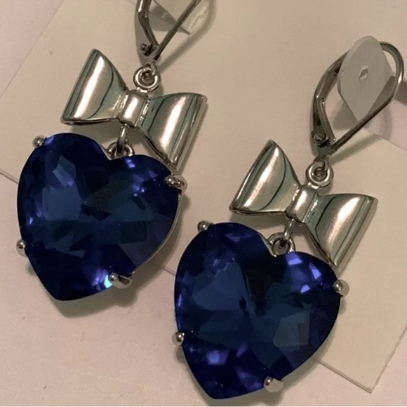 Tory Burch Silver and Blue crystal stone Heart Earrings - Picture 2 of 6